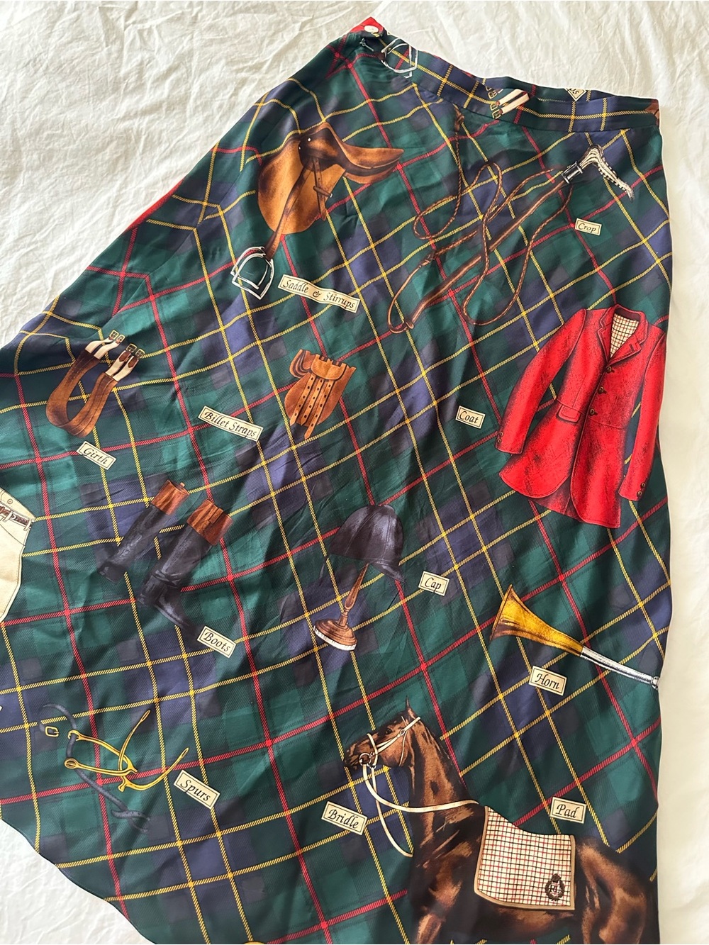 RARE 90’s Vintage Ralph Lauren Green Plaid Equestrian-Print Silk A-Line Skirt - Picture 5 of 8